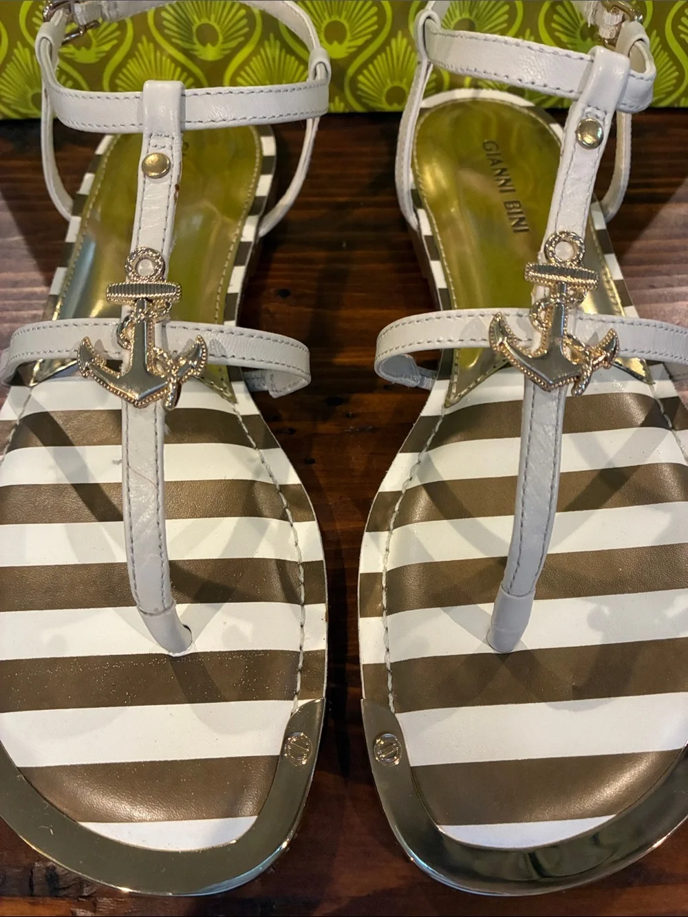 Gianni Bini White and Brown Striped Anchor T-Strap Sandals